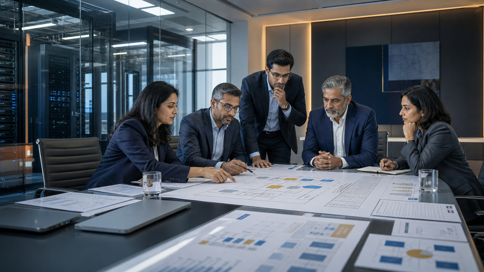 Leadership team independently reviewing an IT infrastructure proposal, lifecycle assumptions and network design before CapEx approval