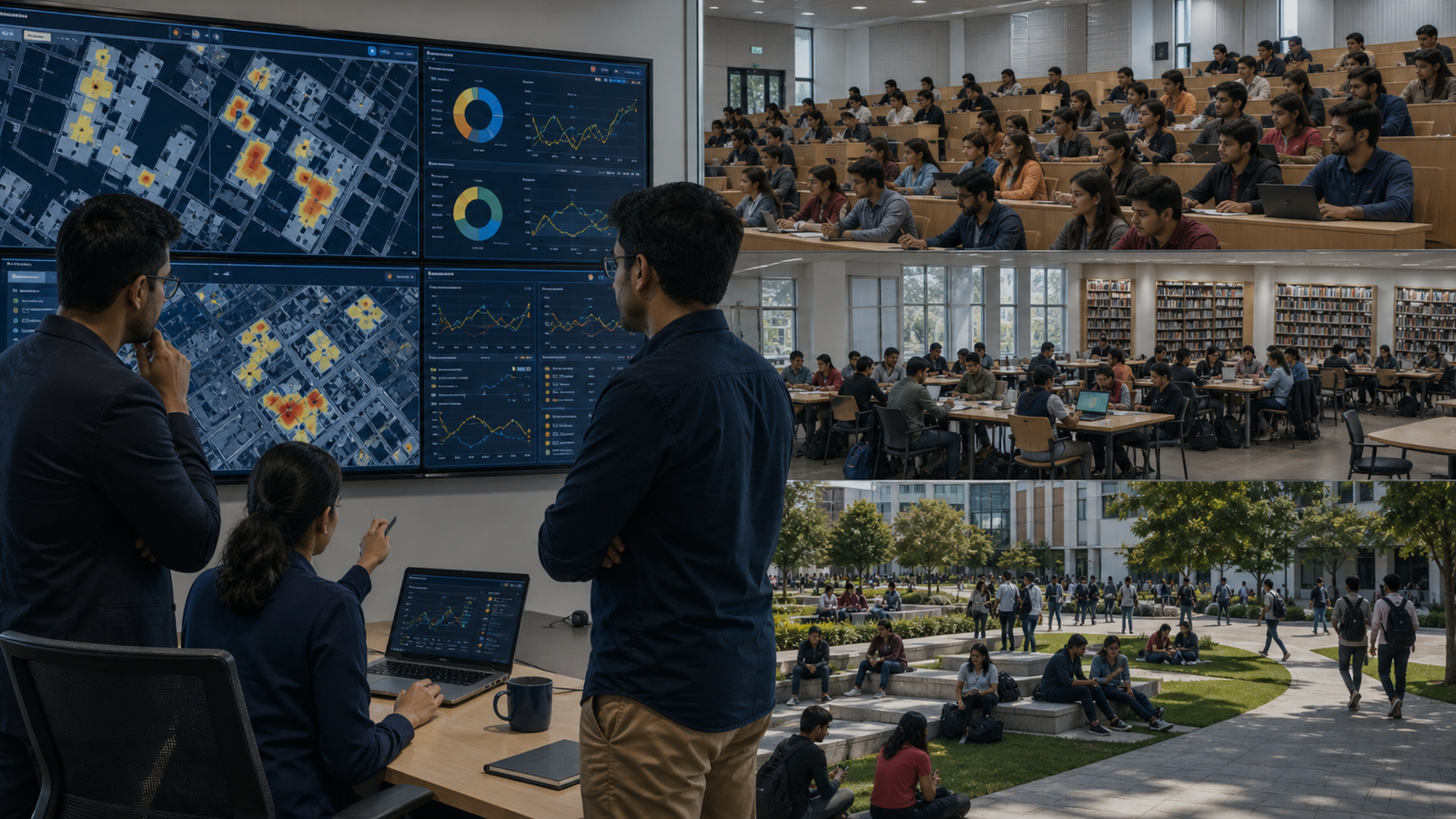 Campus technology team analysing uneven wireless demand across lecture halls, library and outdoor university spaces