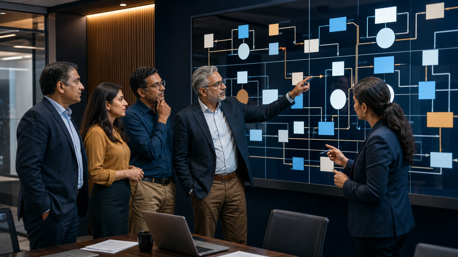 Indian leadership team mapping dependencies across multiple digital platforms and operational workflows