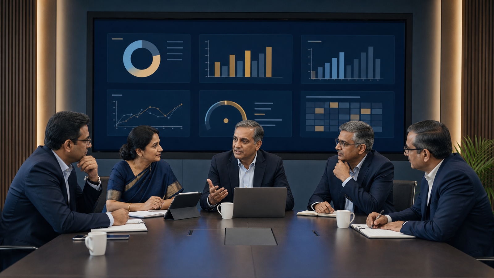 Indian executive team reviewing infrastructure service, capacity, risk and investment indicators